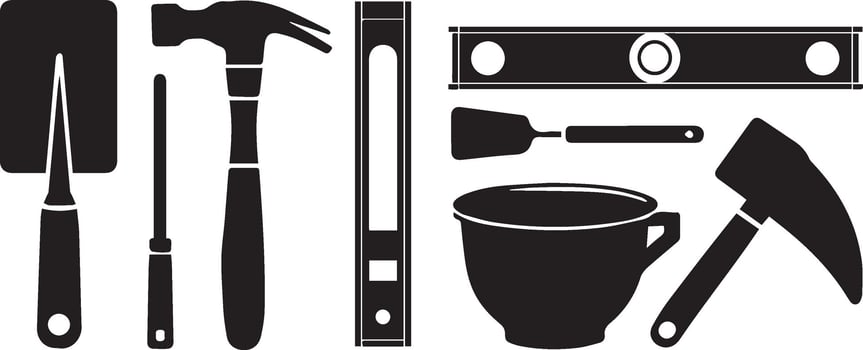 A detailed masonry tools set silhouette illustration featuring essential construction tools. vector