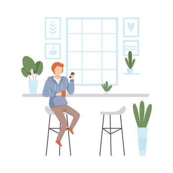Teenager in a sweatshirt with a phone in his hand sits in a cafe. illustration. vector