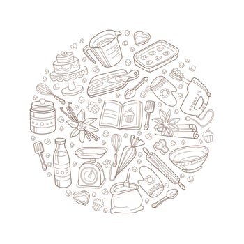 Circle with a pattern of kitchen items. illustration. vector
