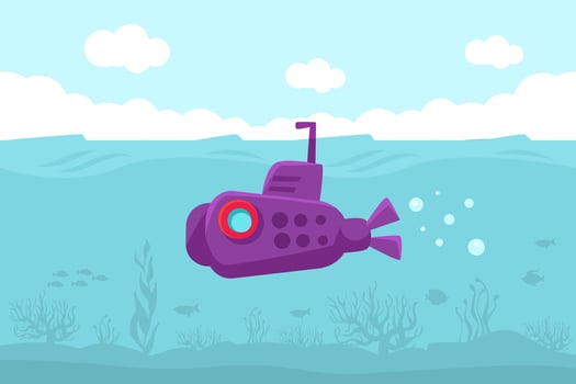 Purple submarine in the water. illustration. vector