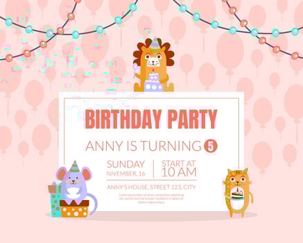 Pink invitation with background of balloons for a birthday party. illustration. vector
