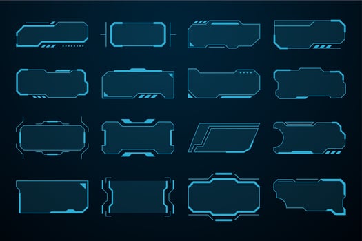 Futuristic HUD title frames with neon blue outlines on a dark background. Cyberpunk interfaces and gaming overlays vector