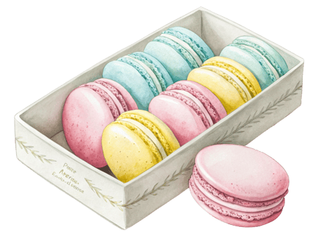 Colorful macarons displayed in a decorative box for an appealing dessert presentation png