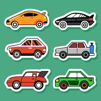 Collection of cartoon car icons in various colors and designs, symbolizing transportation vector