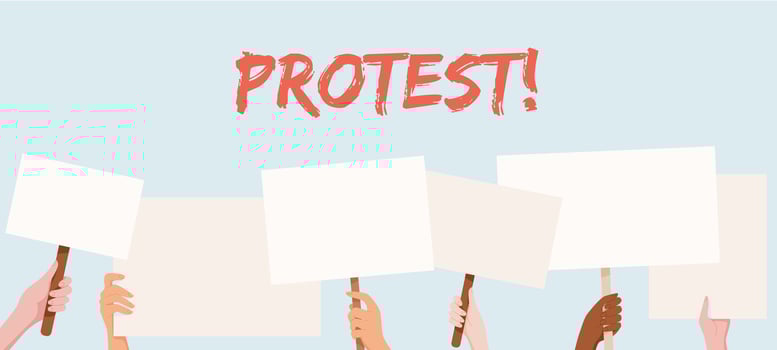 Hands hold blank protest signs beneath a large PROTEST headline. This template demonstrates people united in solidarity, showcasing community support and collective strength in their demonstration. vector