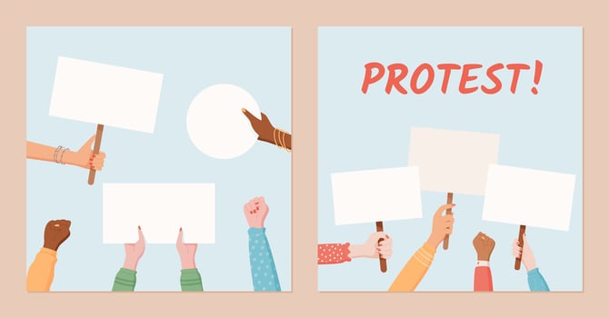 Diverse hands hold blank signs and round placards. This social media template highlights a protest scene, showing people united in solidarity and demonstrating community strength with banners. vector