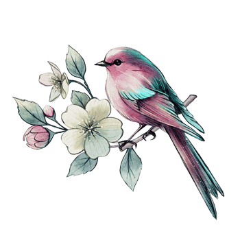 Delicate watercolor illustration of a vibrant bird sitting on a blooming branch. Perfect for cards, textiles, design, and decor. png