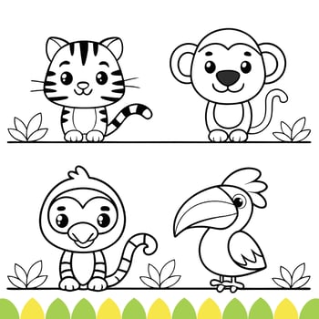 Friendly Jungle Animal Friends Tiger Cub, Monkey, Frog, Toucan, and Parrot to Color vector