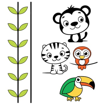 Colorful Jungle Animals Tiger Cub, Monkey, Frog, Toucan, and Parrot for Kids vector