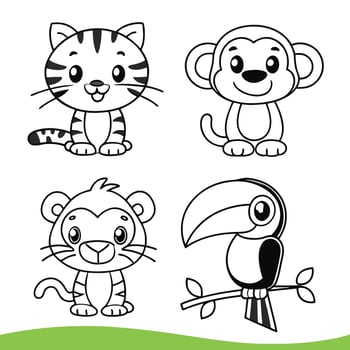 Happy Jungle Animals for Coloring Tiger Cub, Monkey, Frog, Toucan, and Parrot vector