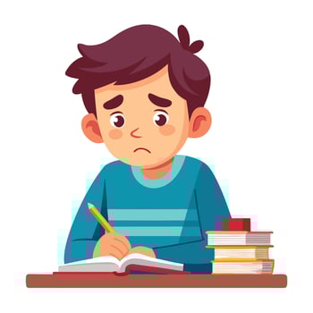 Stressed Student Struggling with Homework and Studying at Desk vector