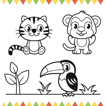 Coloring Fun with Jungle Animals Tiger Cub, Monkey, Frog, Toucan, and Parrot vector