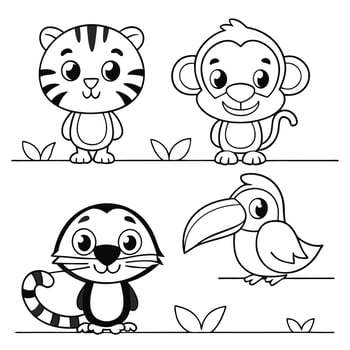 Playful Jungle Animals for Coloring Tiger Cub, Monkey, Frog, Toucan, and Parrot vector
