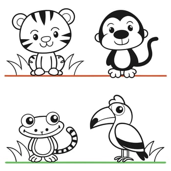 Friendly Jungle Animals for Coloring Tiger Cub, Monkey, Frog, Toucan, and Parrot vector