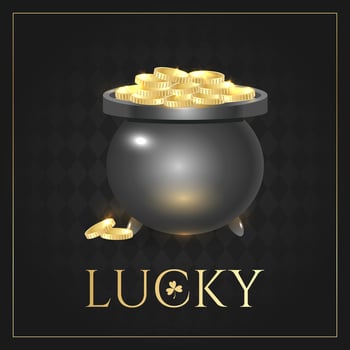 Saint Patricks day card design. Inscription lucky, cauldron, coins, shamrock. Illustration dark black, gold colors vector