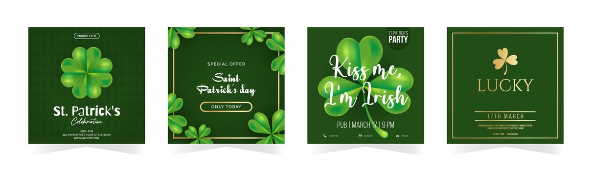Happy St. Patricks Day special offer, party invitation cards. Green shamrock, quatrefoil on dark green background. illustration set vector