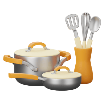 A set of pots and pans with a yellow handle png
