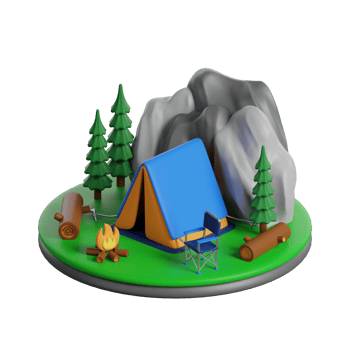 A camping tent and campfire are on a green island png