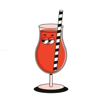 Funky red glass of juice character. Comic mascot with happy smile face. Retro groovy personage with striped tube. Summer isolated illustration vector