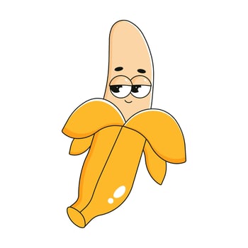 Cute retro banana character sticker. Trendy comic fruit with cute face. Groovy summer illustration 70s, 80s vintage style vector