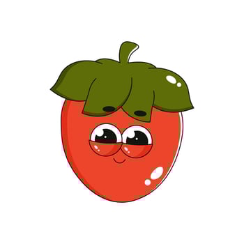 Cute retro strawberry character sticker. Trendy comic berry with cute face. Groovy summer illustration 70s, 80s vintage style vector