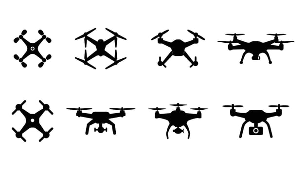 Drone Silhouette Black Quadcopter Icon with Camera set on white background vector