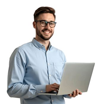 Confident Man in Glasses Working on Laptop Tech Office Concept png