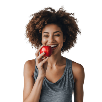 Young Woman with Natural Curls Enjoying a Snack Fitness Nutrition Theme png