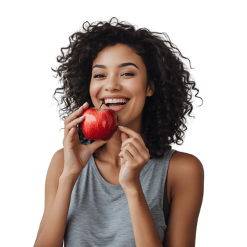 Cheerful Woman in Athletic Wear Holding an Apple Health Happiness Concept png