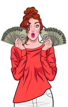 A young female investor holds a hand full of banknotes and shows off her business success with an astonished look on her face. png