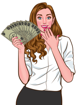 Comic advertisement featuring a surprised woman looking at her bank balance. png