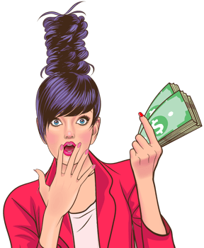 The business owner, a tall and stylish woman with a bun, looked shocked at the large stack of money she was holding in her hands. png
