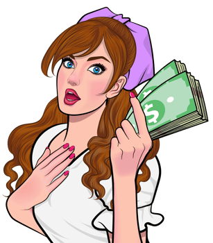 A beautiful pop art style investor holds a dollar with a confident smile. png
