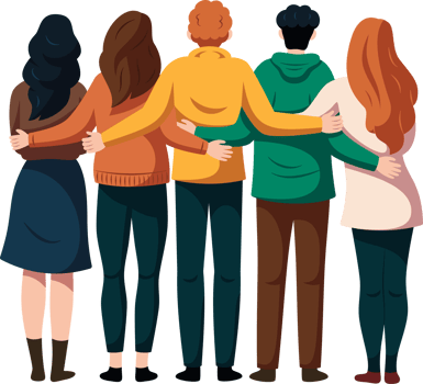 Group of friends, man and woman standing hugging each other with friendship and love, teamwork, success concept. png