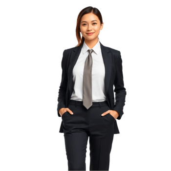 A young businesswoman wearing a tailored pantsuit with a sleek tie, standing confidently with her hands in her pockets, png