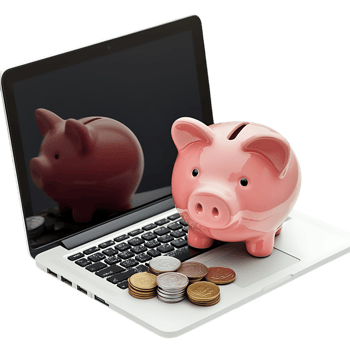 Pink piggy bank on laptop png