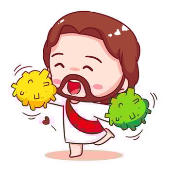 Cheerful cute Jesus chibi giving encouragement cartoon character. Christian Catholic concept design. Icon mascot illustration. vector