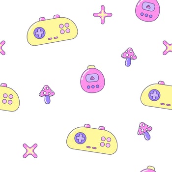 Seamless pattern with gamepads and fly agaric mushrooms. Multicolored elements on white background. Retro illustration with outline in 90s style. illustration. vector