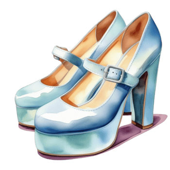 watercolor illustration of blue platform high heels with a buckle on the top png