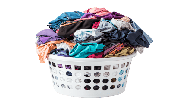 Full laundry basket with ventilation holes and stacked clothing png