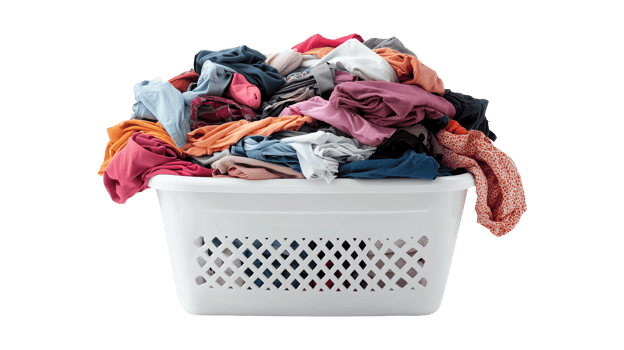White plastic laundry basket packed with unfolded clothes png