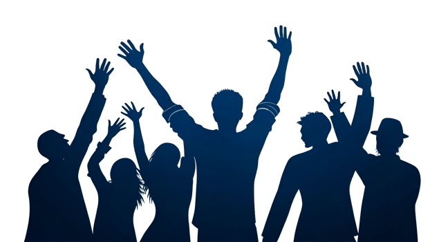 Celebrating joy and unity among a diverse group of people raising hands in excitement png