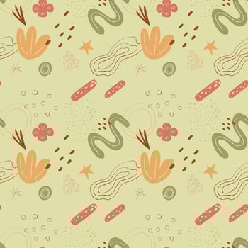 ArSeamless abstract floral pattern with hand-drawn organic shapes, flowers, leaves, and geometric elements in earthy tones on a green background. Ideal for textiles, wallpaper. Boho style. vector