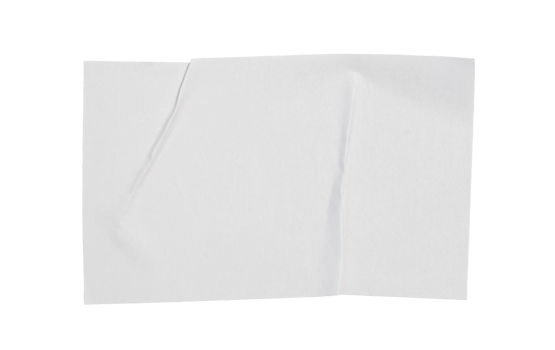 Crumpled white paper empty sticker mockup sheet, transparent background revealing intricate wrinkled surface delicate texture png