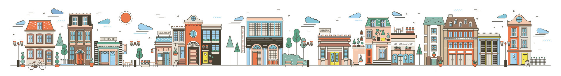 Colorful horizontal cityscape with street of European city full of elegant buildings, residential houses, stores and shops, public locations. Creative illustration in modern line art style vector