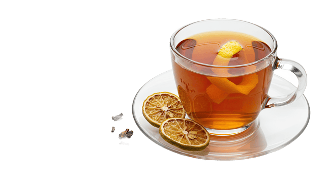 A glass of tea with lemon slices and a slice of orange png