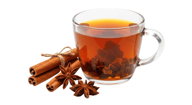 A glass of tea with cinnamon and anise png