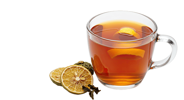 A glass of tea with a lemon slice png