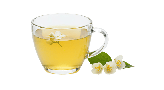 A cup of tea with flowers and leaves png