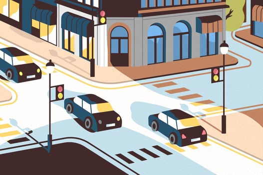Cityscape with cars driving along road, beautiful buildings, crossroad with traffic lights and pedestrian crossings or crosswalks. View of city street, urban landscape. Modern illustration. vector